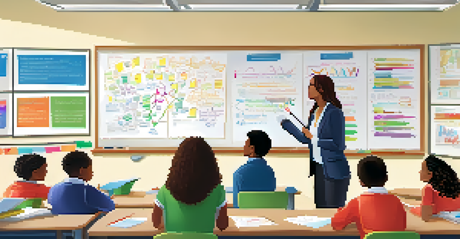 An educator engaging with students in a bright classroom, discussing learning gaps and strategies.