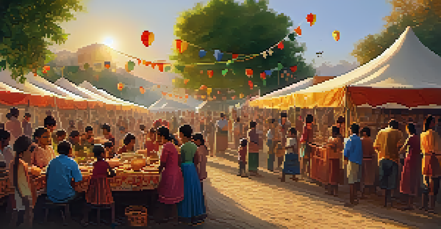 A community festival with families enjoying cultural activities and children playing, decorated with stalls and sunset lighting.