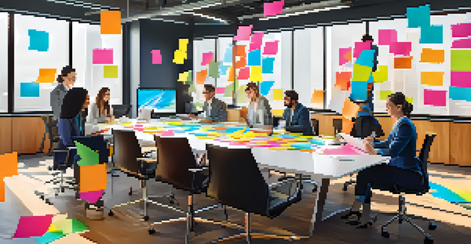 A diverse group of professionals working together at a conference table, surrounded by laptops and sticky notes, in a bright office space.