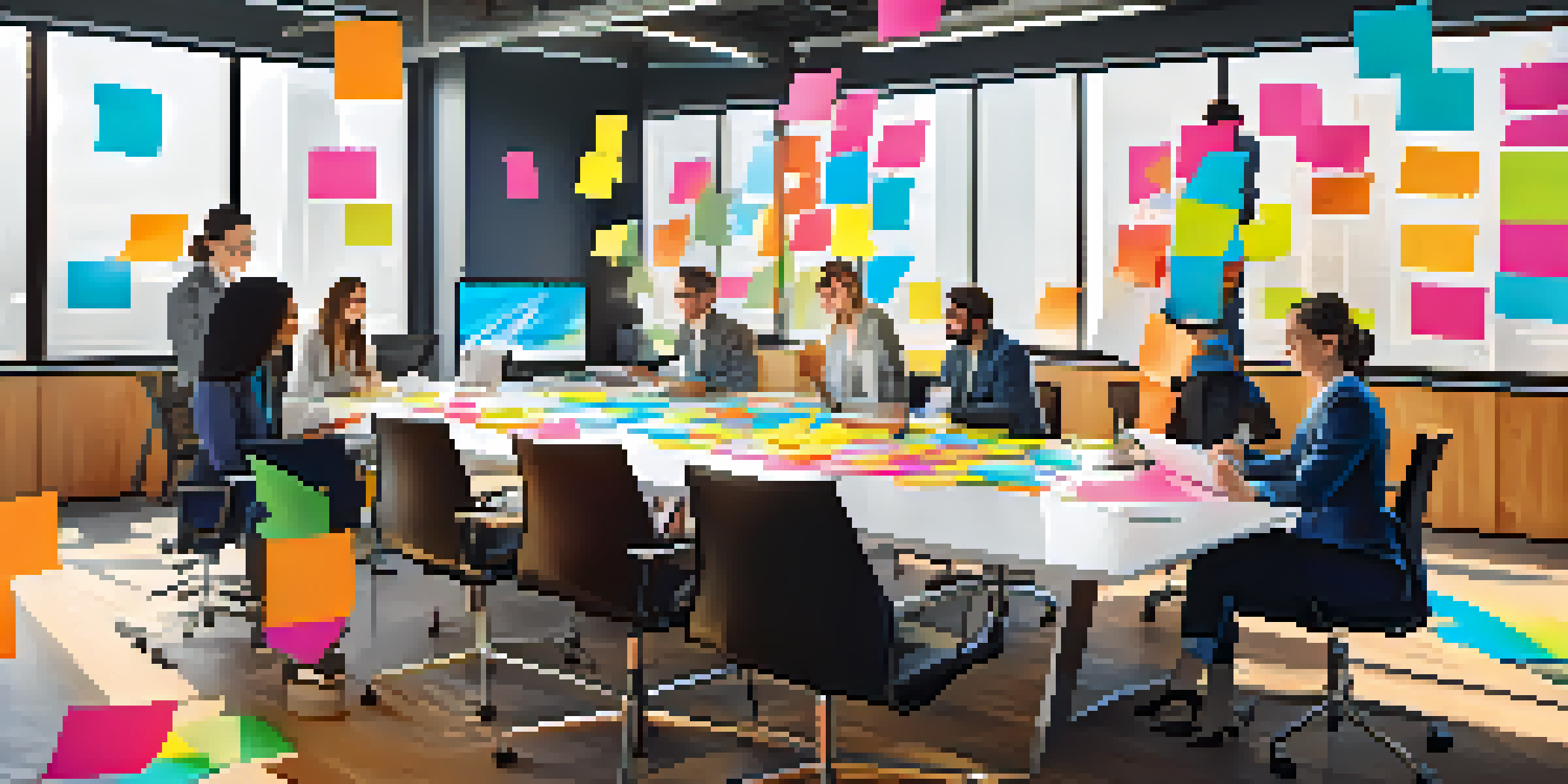 A diverse group of professionals working together at a conference table, surrounded by laptops and sticky notes, in a bright office space.