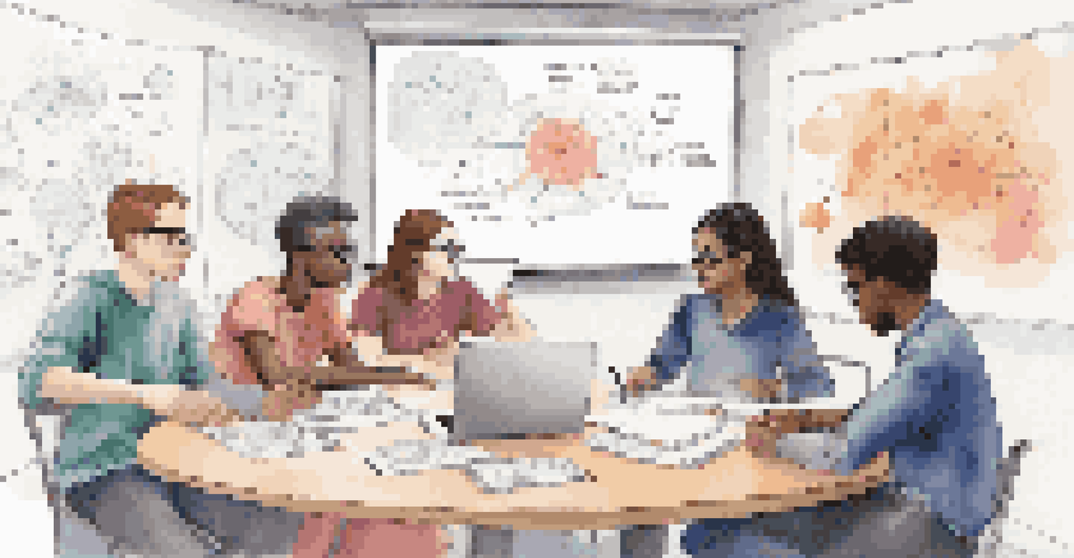A collaborative group of students from various disciplines engaging in a project discussion at a round table, with notes and diagrams visible on a whiteboard.