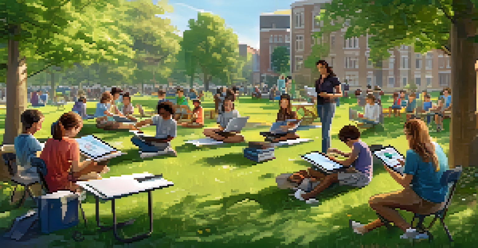 A community workshop in a park where families are learning about digital tools together, with laptops and a facilitator demonstrating usage, under a sunny sky.