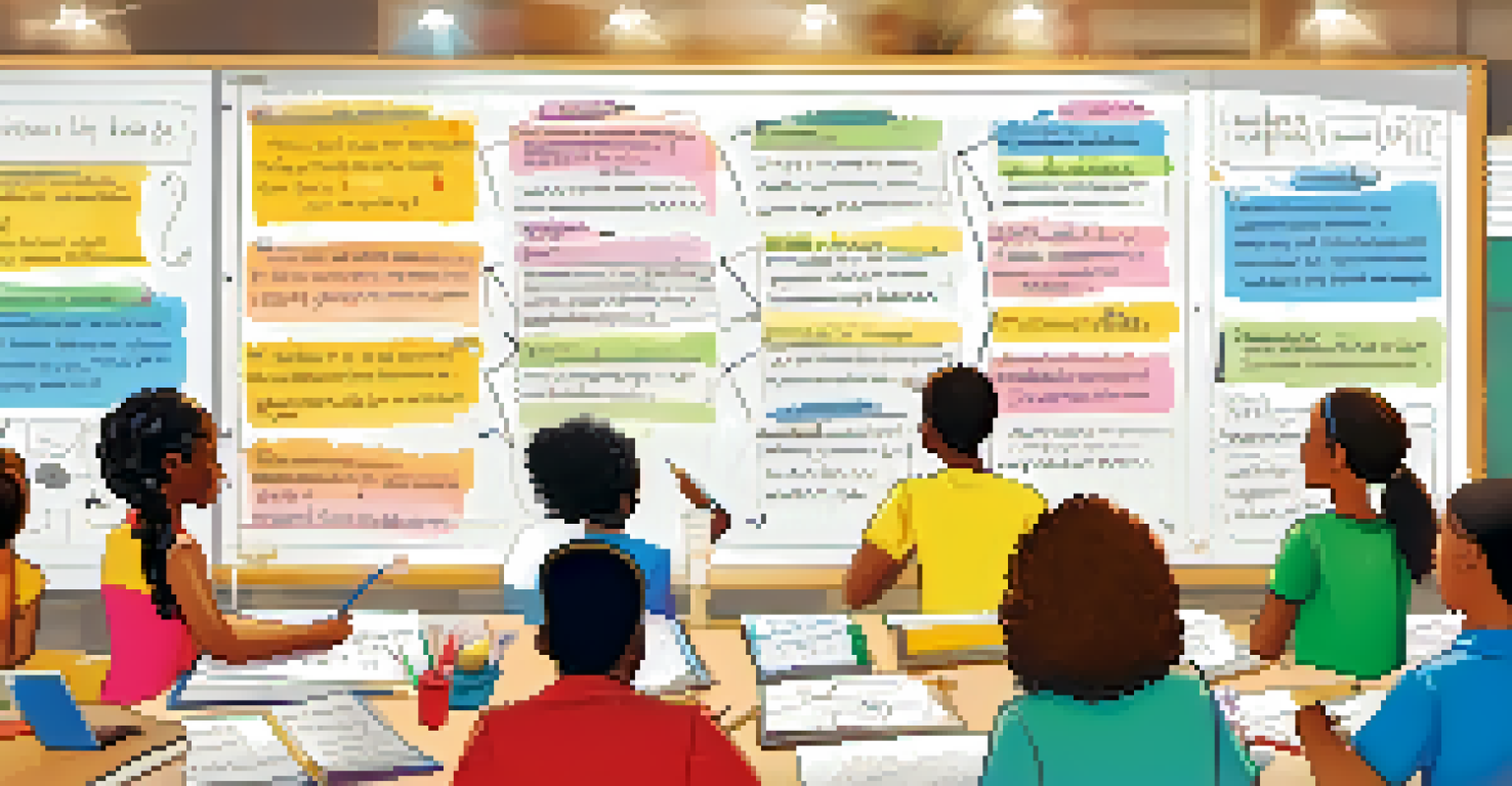 A teacher writing on a colorful whiteboard about classroom management techniques, with engaged students in the background.