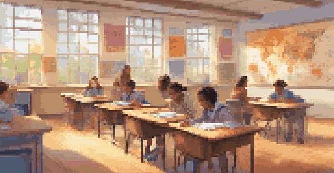 A classroom with both traditional wooden desks and a digital screen, filled with diverse students engaged in learning, illuminated by sunlight.