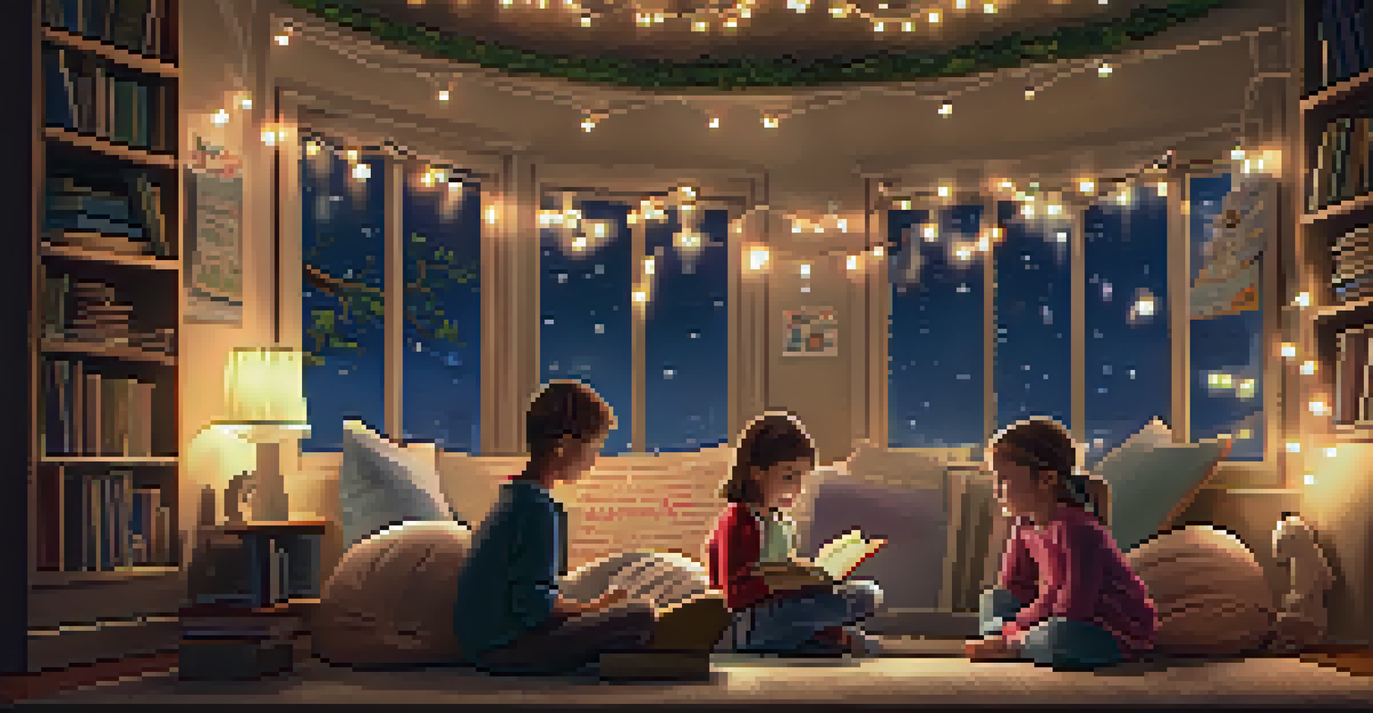 Children gathered in a cozy reading nook, sharing stories and enjoying books together in a warm setting.