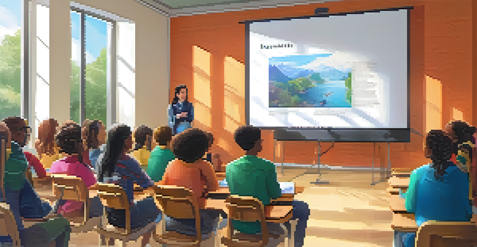 A student presenting a project to peers in a modern classroom, with visuals on a screen behind them.