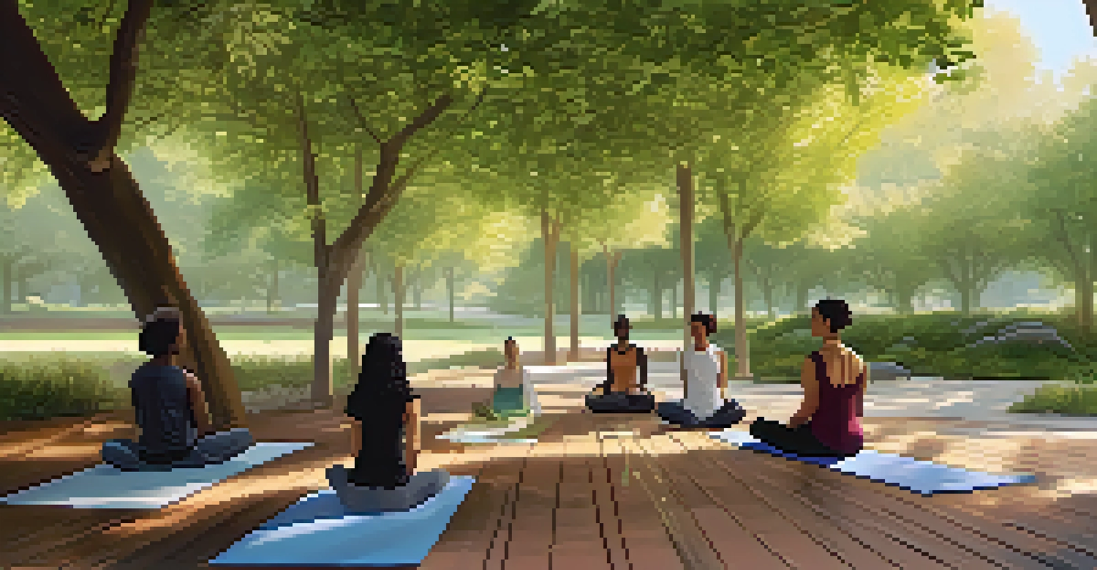 Educators practicing mindfulness in a serene outdoor wellness workshop under trees.