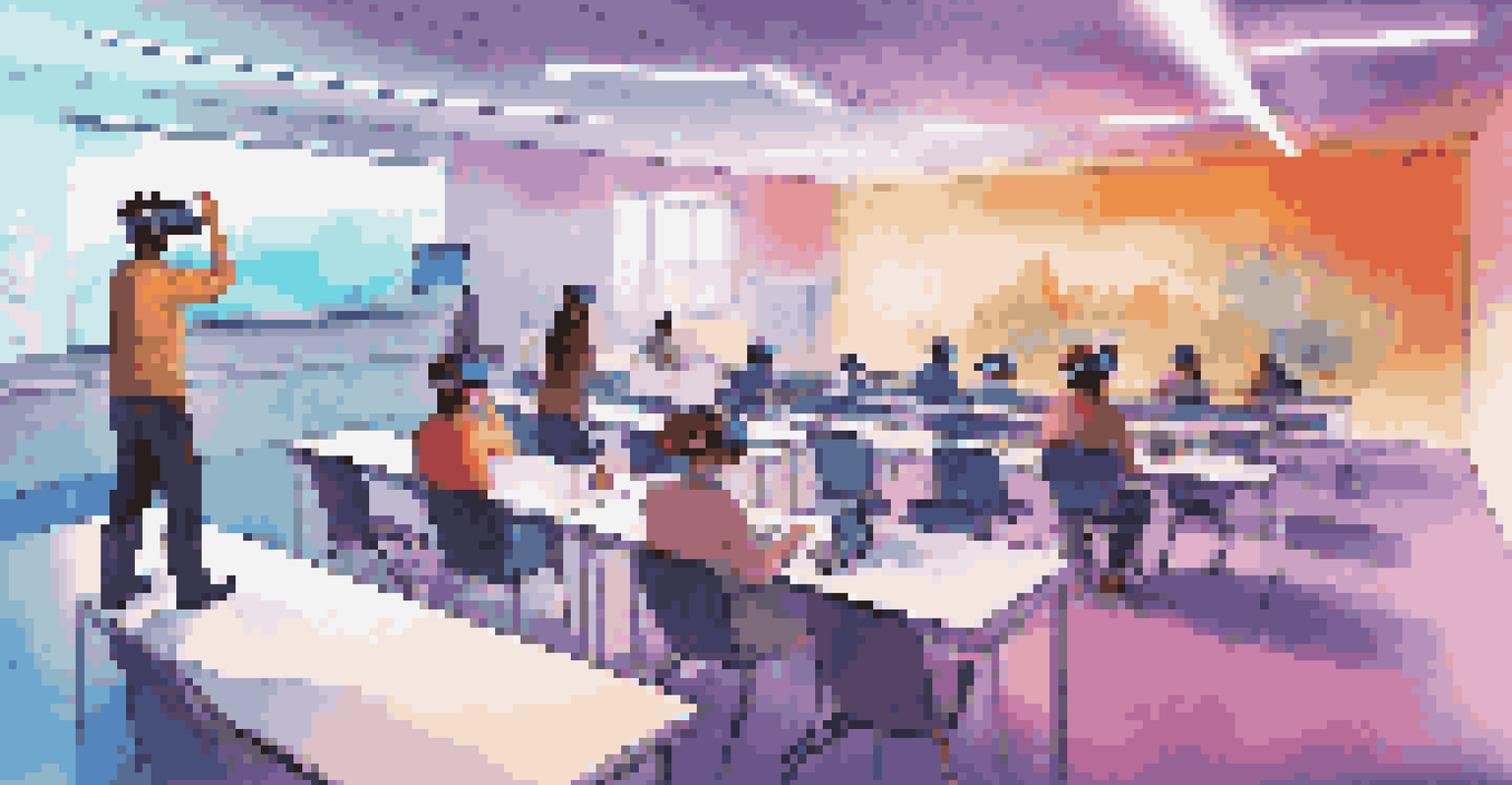 A futuristic classroom with adult learners using virtual reality headsets, exploring an immersive educational environment.