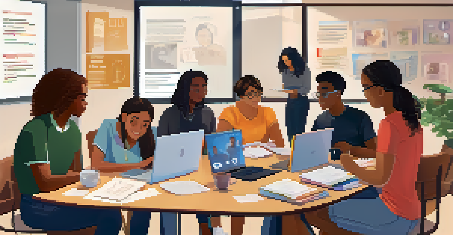 A group of students participating in a virtual study session, collaborating with laptops and notes on a table.