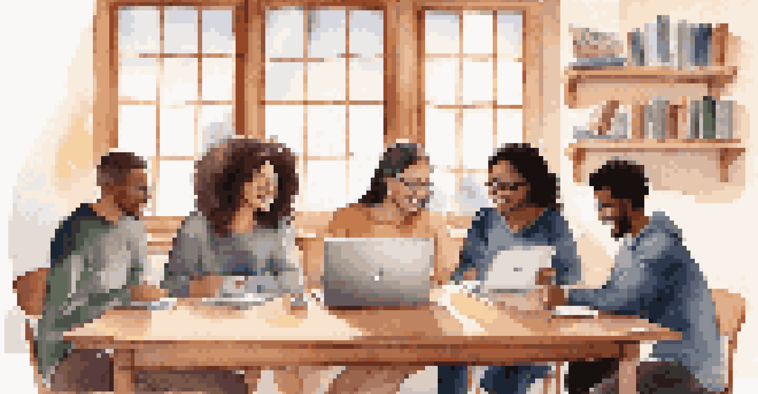 A cozy online study group with students discussing via a laptop, surrounded by books and coffee mugs in a well-lit room.