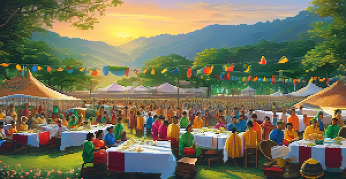 A lively festival in a green valley with dancing, music, and colorful decorations as the sun sets.