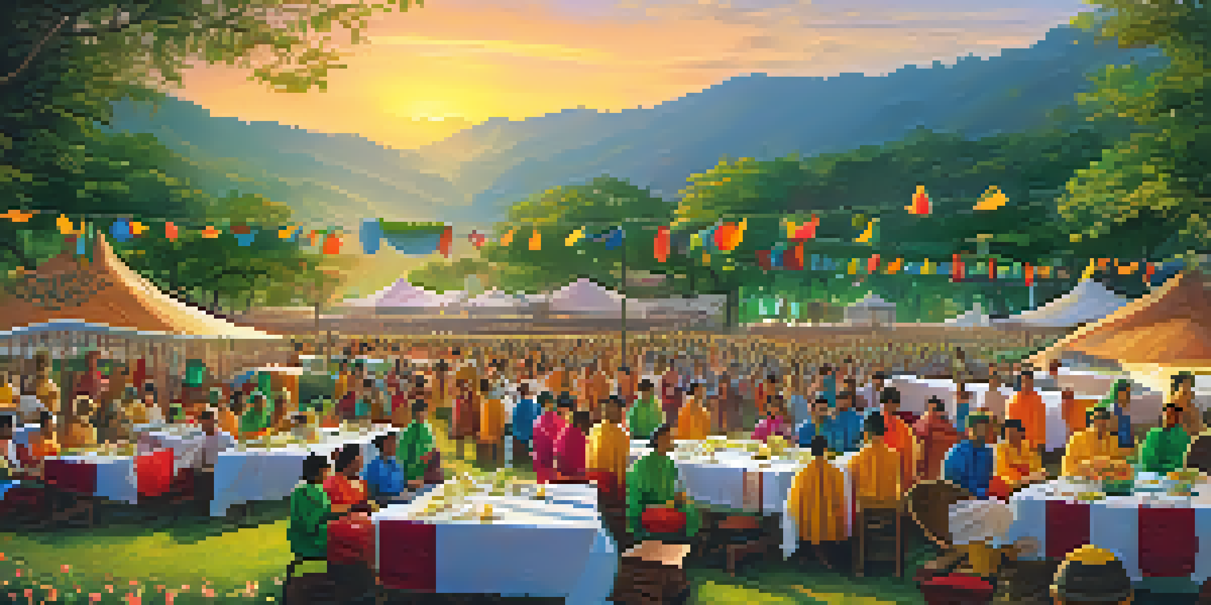A lively festival in a green valley with dancing, music, and colorful decorations as the sun sets.