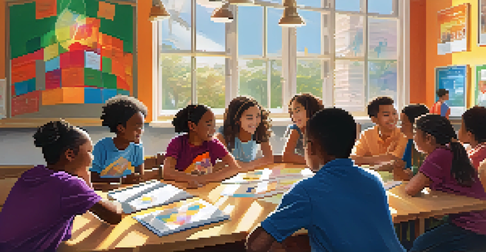 A diverse group of students working together in a colorful classroom, surrounded by multicultural posters and bright sunlight.