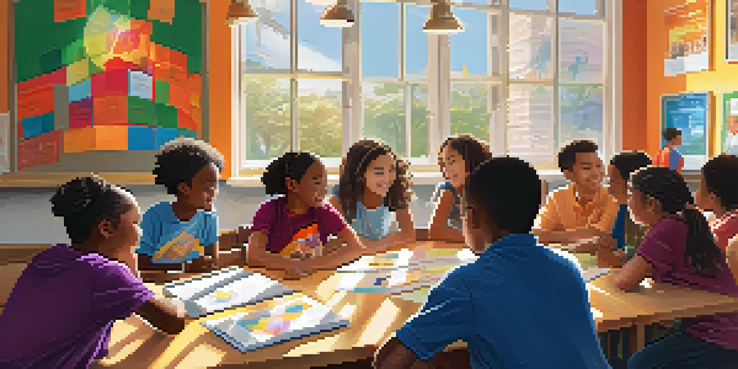 A diverse group of students working together in a colorful classroom, surrounded by multicultural posters and bright sunlight.