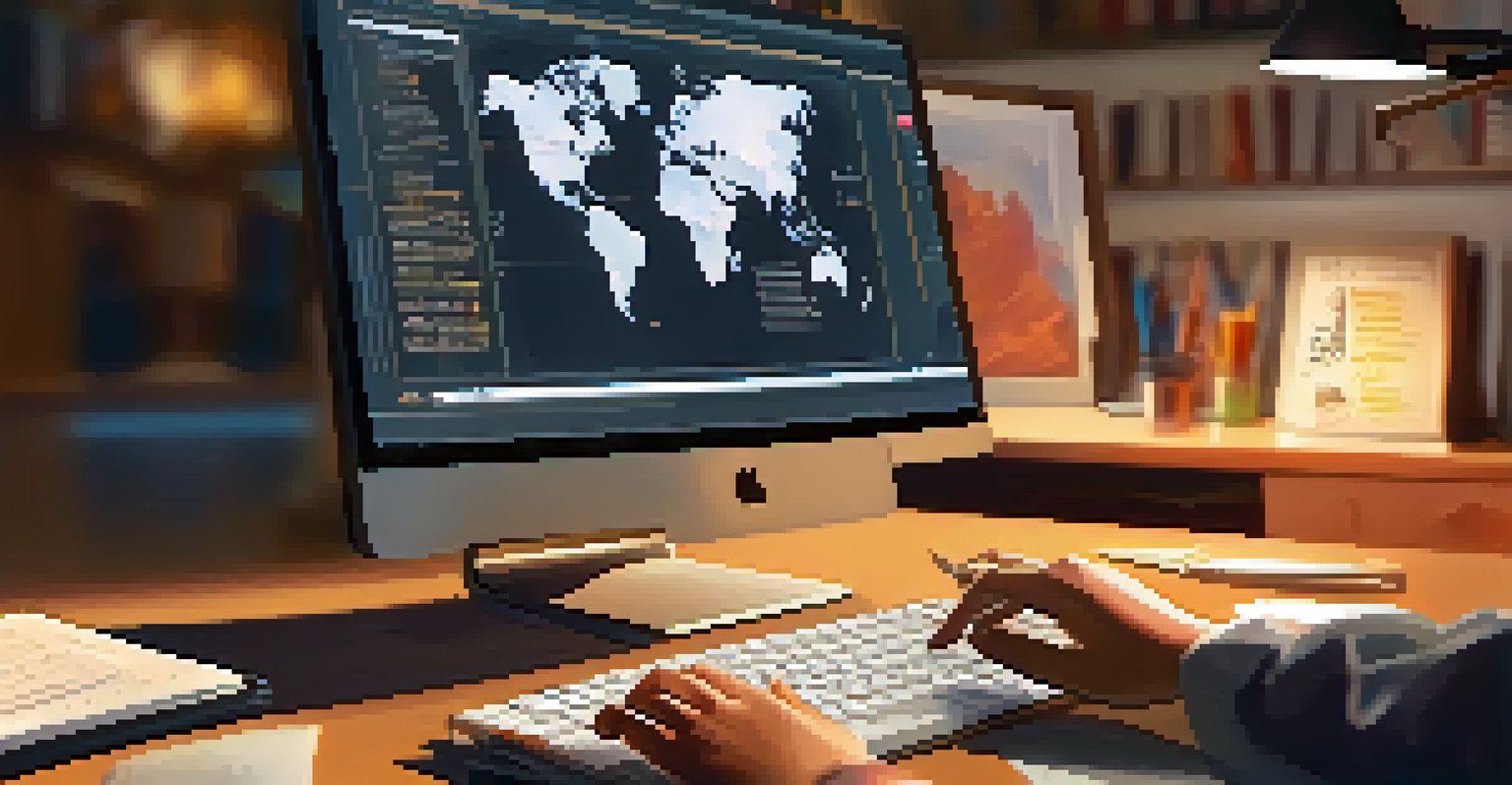 A close-up of hands typing on a keyboard while watching an online lecture on a computer screen filled with colorful presentation graphics.