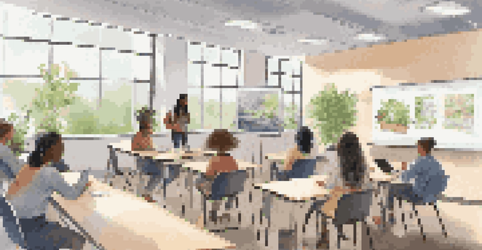 A bright classroom with students using laptops and a teacher displaying data on a whiteboard.