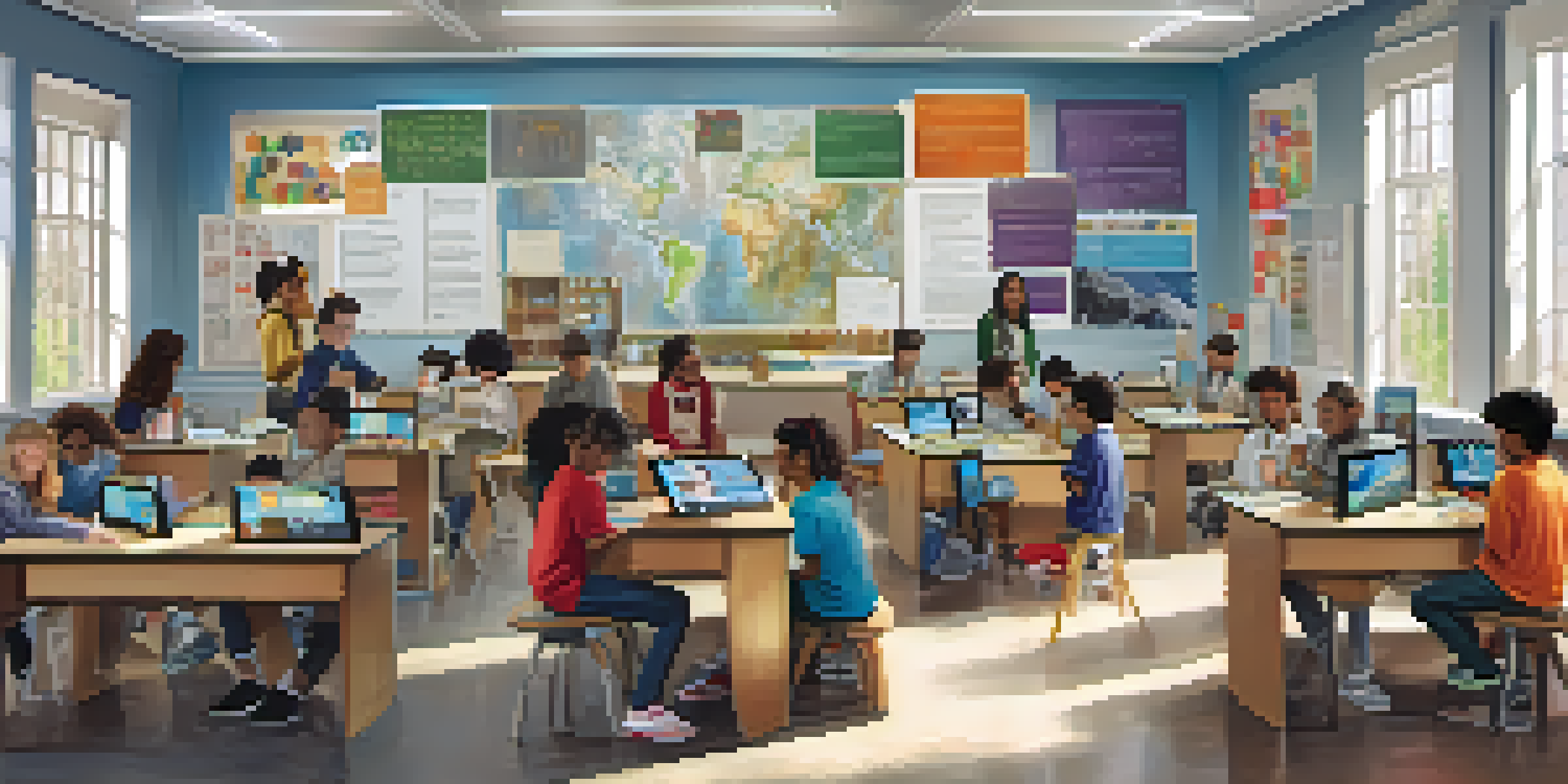 A diverse group of students working together on a STEM project in a bright classroom filled with educational posters.