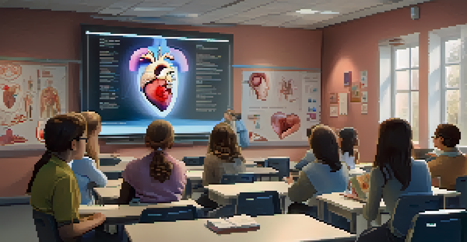 A teacher demonstrating a 3D holographic model of a human heart in a modern classroom, with students engaged and using tablets to explore the model.