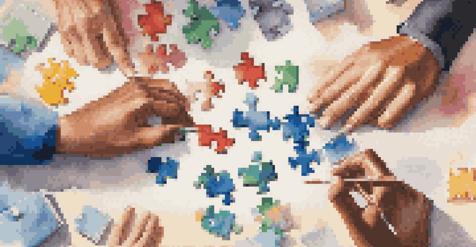 Hands assembling a colorful puzzle with educational symbols, representing collaboration in educational leadership.