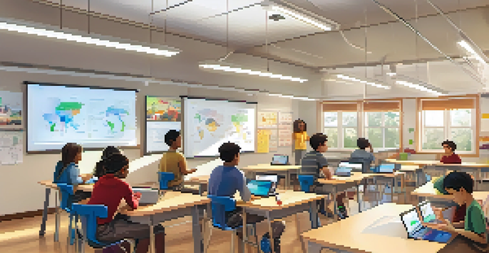 A bright classroom with diverse students using technology for learning, showcasing a digital whiteboard and a collaborative atmosphere.