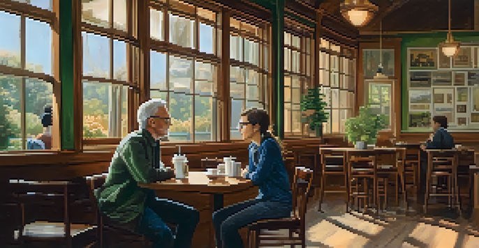 A mentor and a mentee talking in a cozy coffee shop with natural light and wooden furniture.