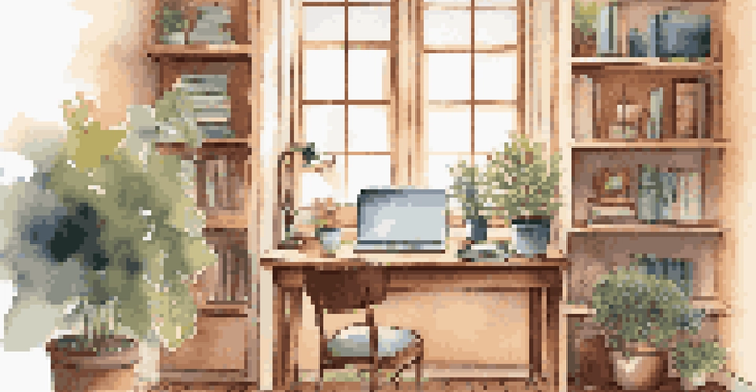 A warm and inviting home study space with a wooden desk, laptop, books, and plants, illuminated by soft sunlight.