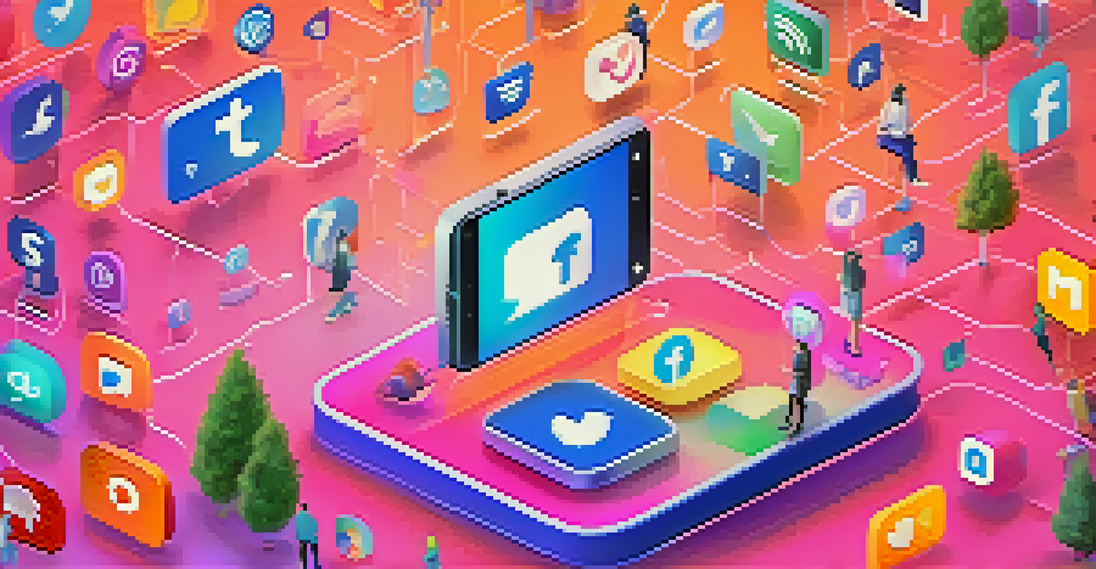 A colorful digital scene with figures interacting with social media icons against a bright gradient background.