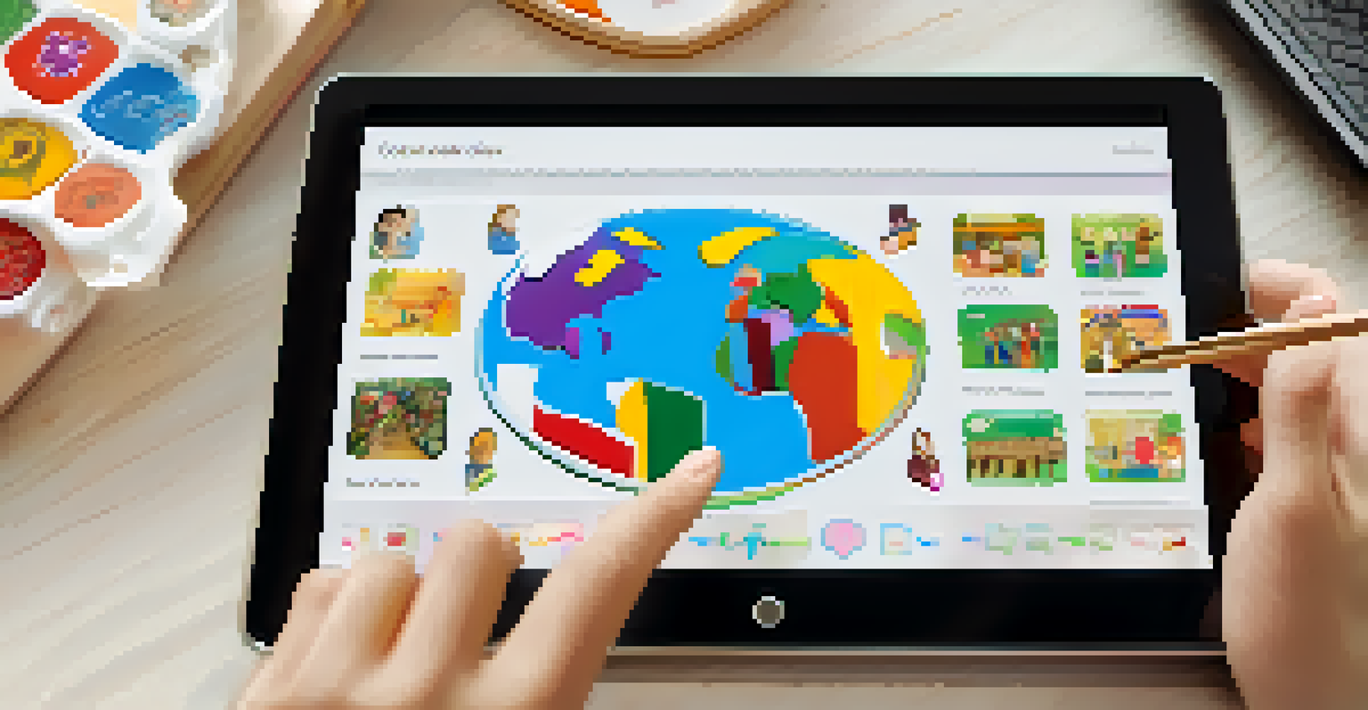 A close-up of a tablet showing an educational app with interactive language learning modules featuring diverse cultural elements.