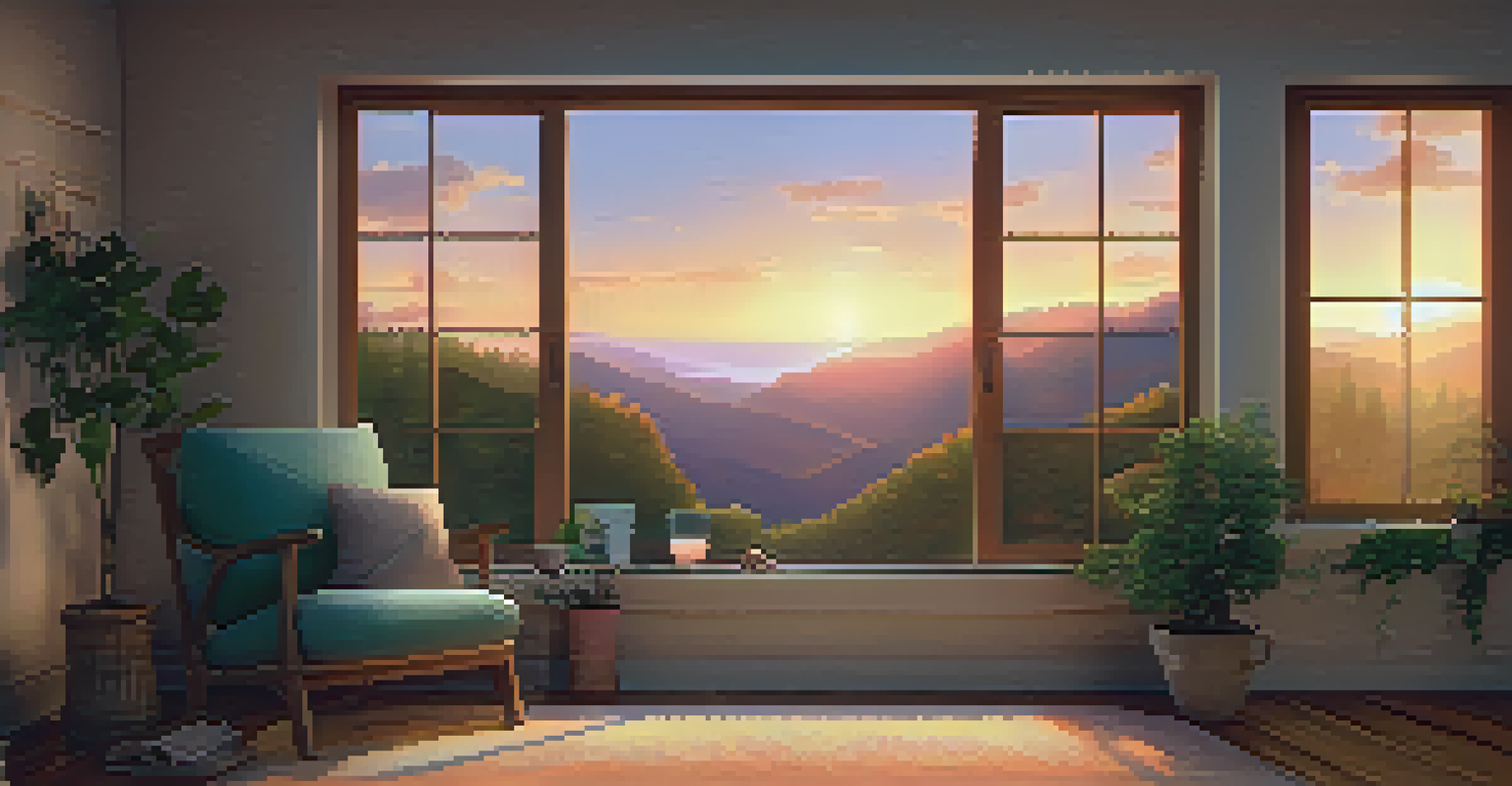 A cozy room designed for digital detox, with a chair, tea, sunset view, and calming decor.