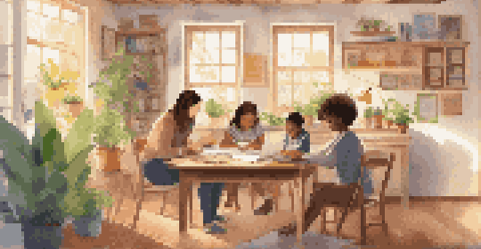 A family engaged in learning activities at a wooden table, with sunlight streaming through a window.