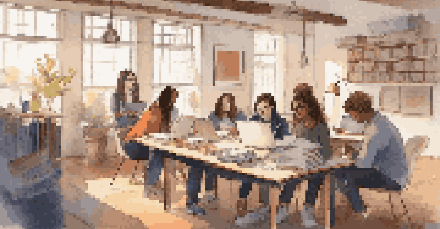 Students collaborating on a project in a cozy study space, with laptops and a whiteboard filled with ideas in a warm-lit environment.