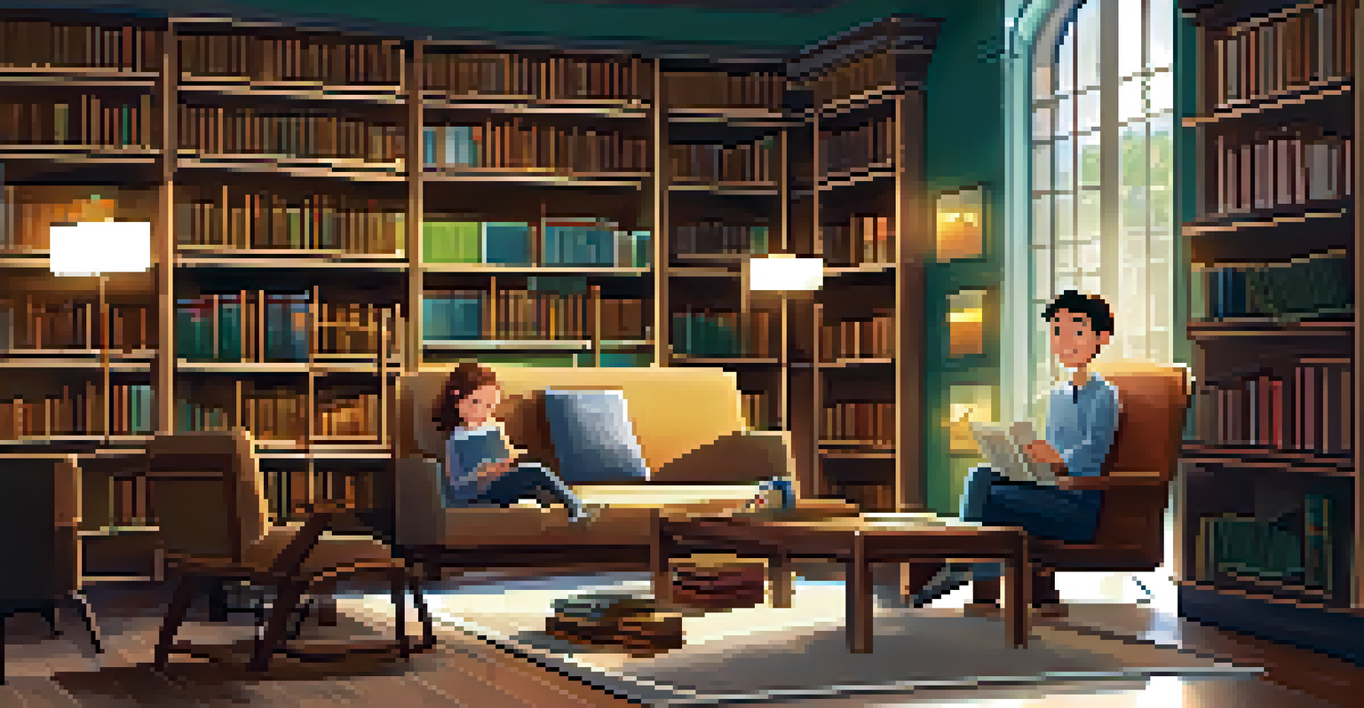 A mentor and a college student studying together in a cozy library corner with bookshelves and soft lighting.