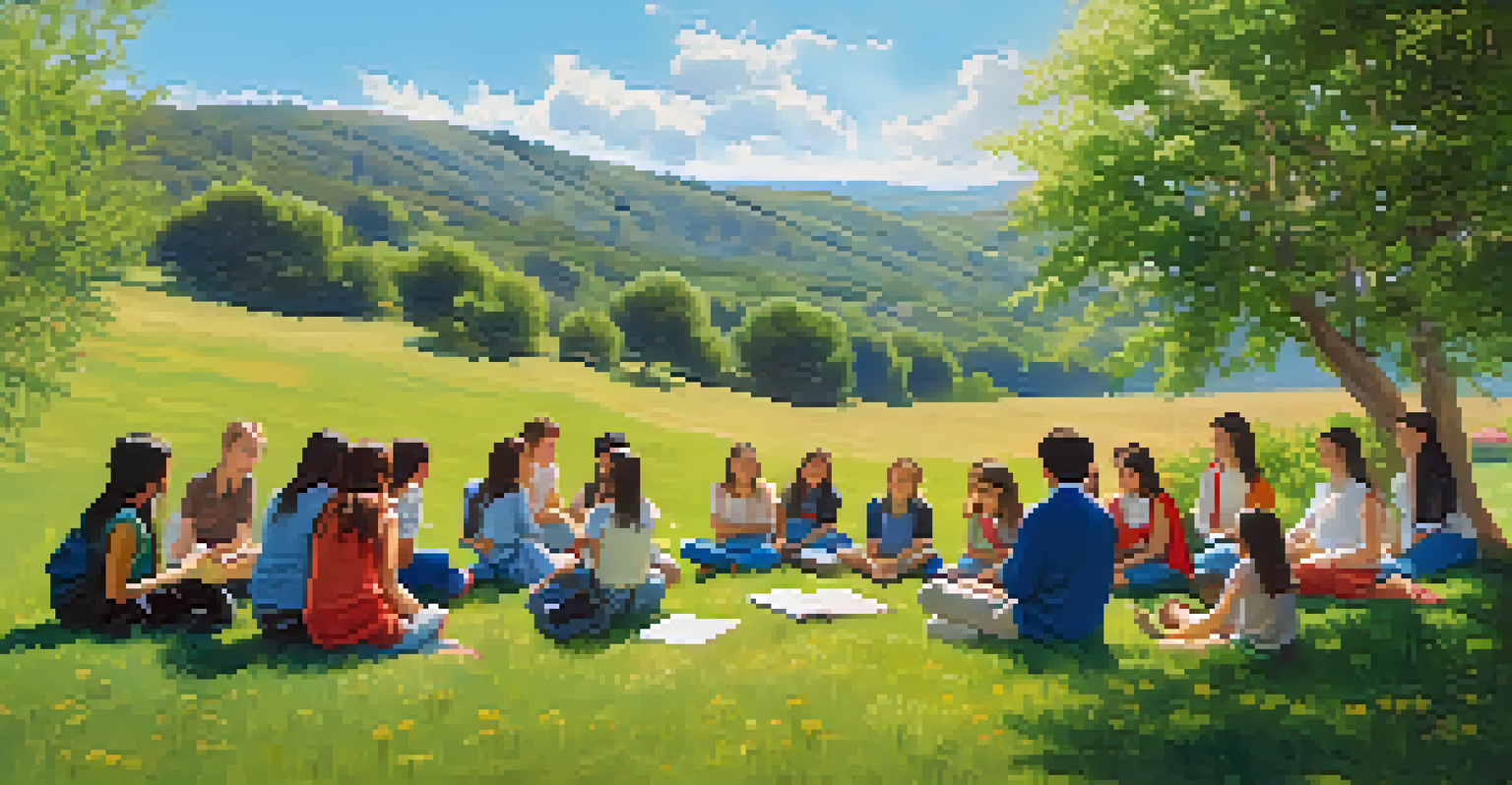 Students sitting in a circle on the grass in an outdoor classroom, engaged in a discussion with a teacher, set against a beautiful landscape.