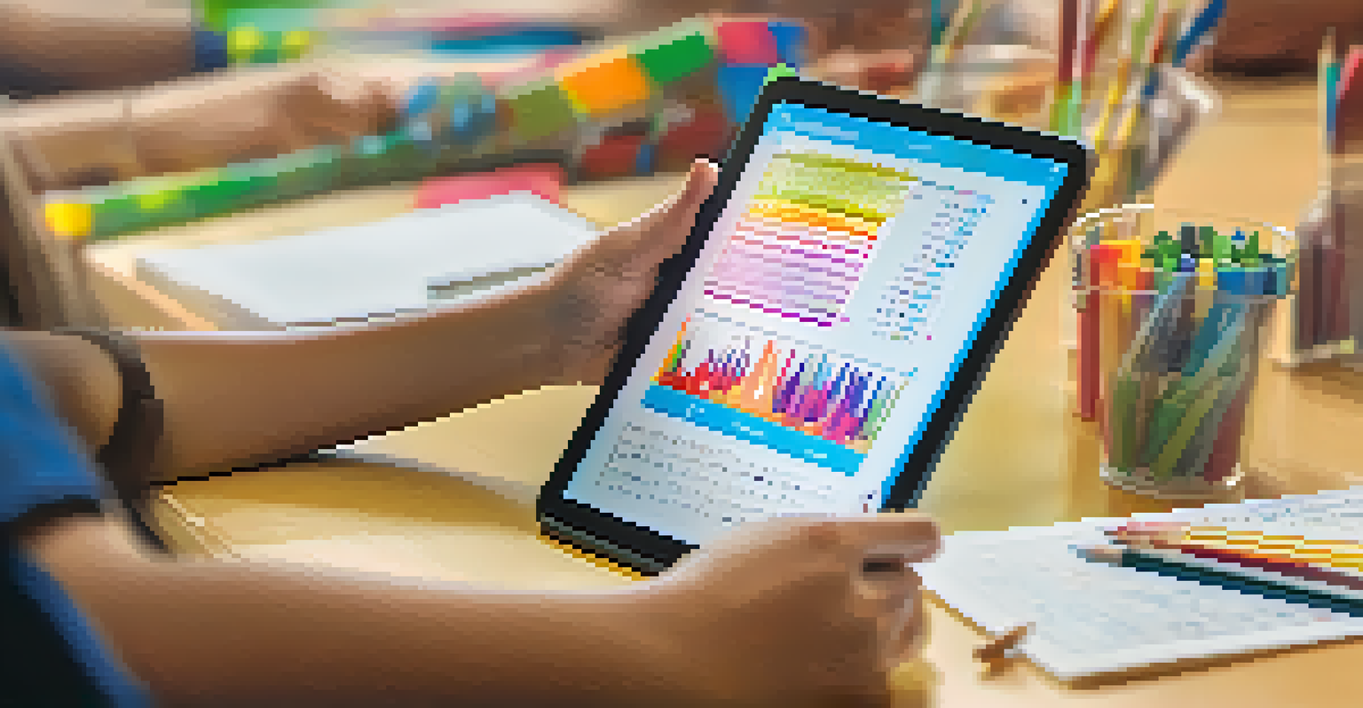 A student intently using a tablet with an adaptive learning app, displaying colorful graphics of a math problem, with a blurred background.