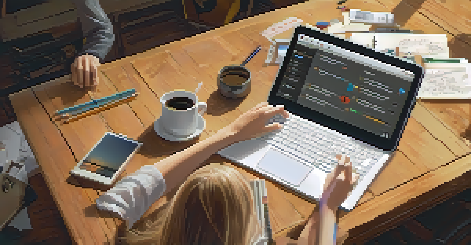 Close-up of a student's hands typing on a tablet with a digital portfolio displayed, surrounded by notes and a cup of coffee.