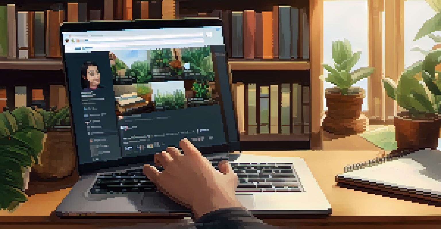 A student's hands typing on a laptop with a social media interface visible, set in a cozy study area with bookshelves.