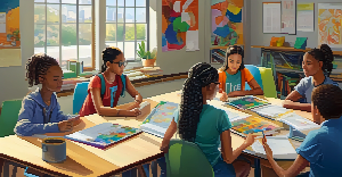 A diverse group of students collaborating in a bright classroom, working together with laptops and art supplies.