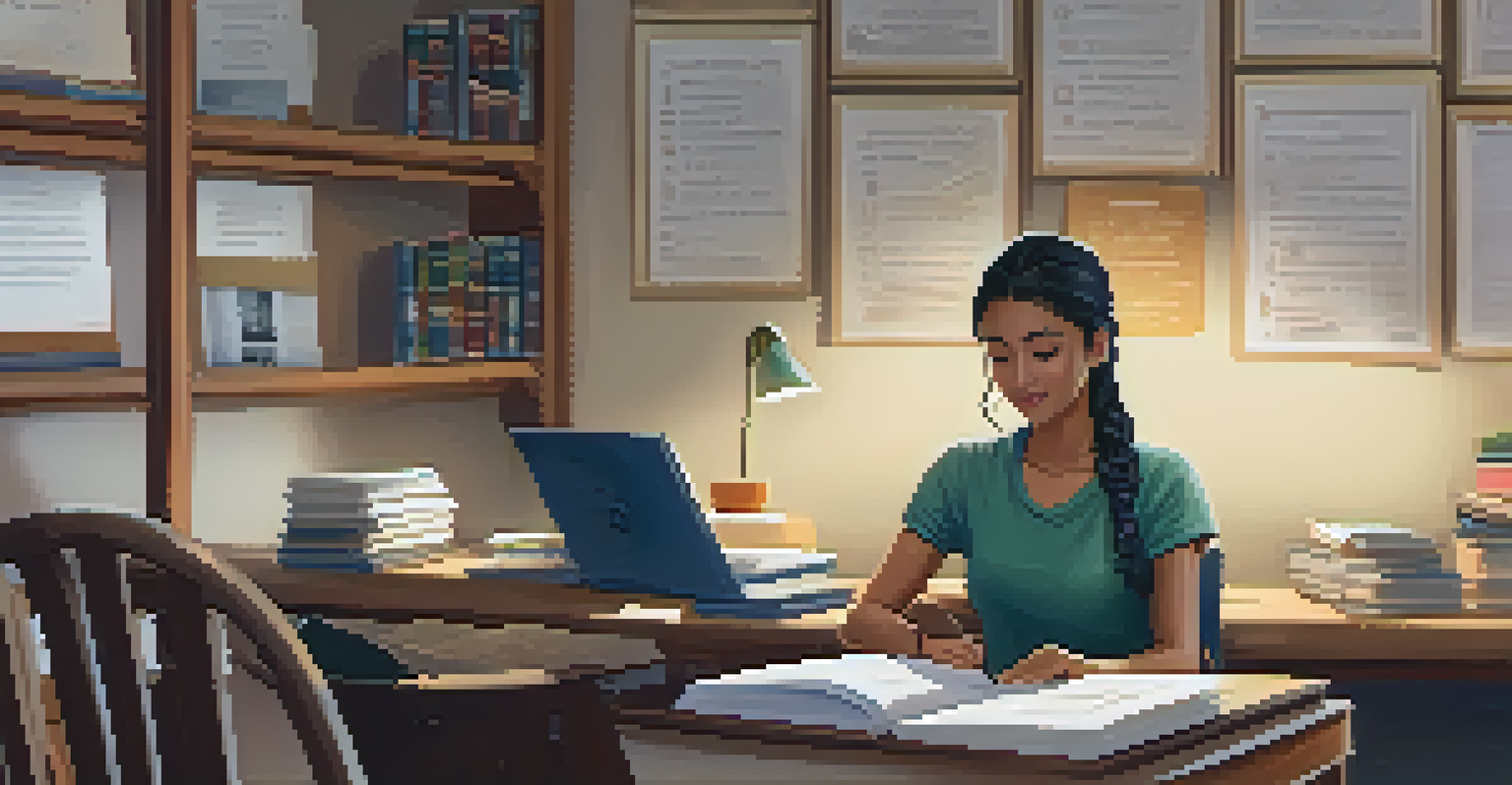 A student studying in a cozy library setting, engaged in formative assessment with a laptop and papers.