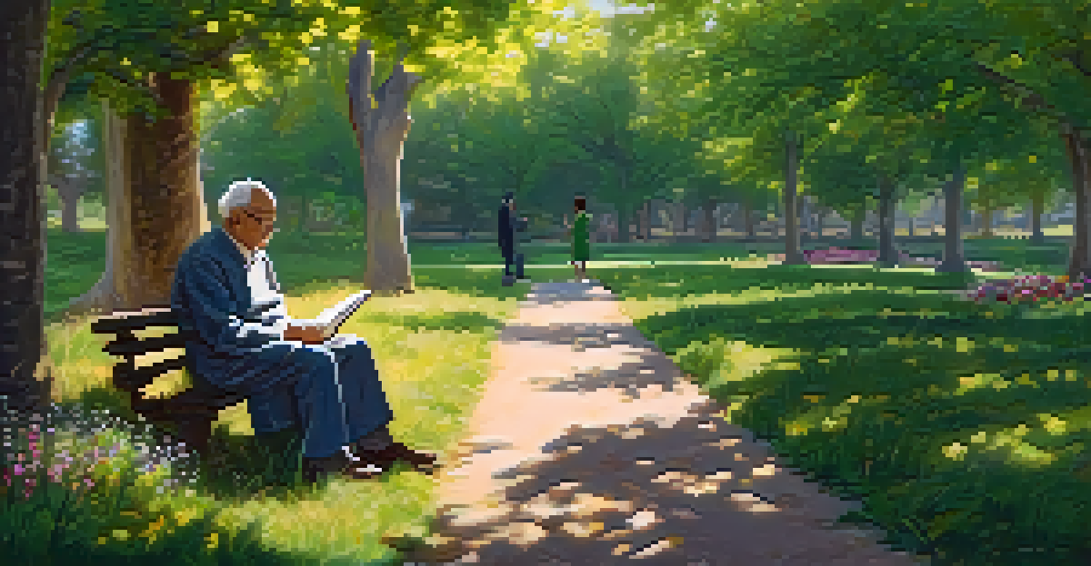 A mentor and mentee sitting on a bench in a park, engaged in a thoughtful discussion amidst nature's beauty.