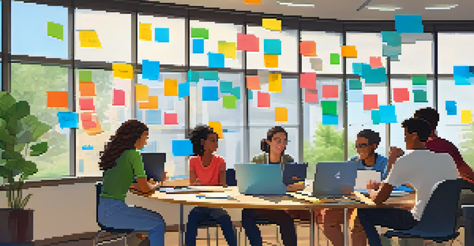 A diverse group of students collaborating in a virtual classroom, engaged in a group project with laptops and colorful sticky notes.