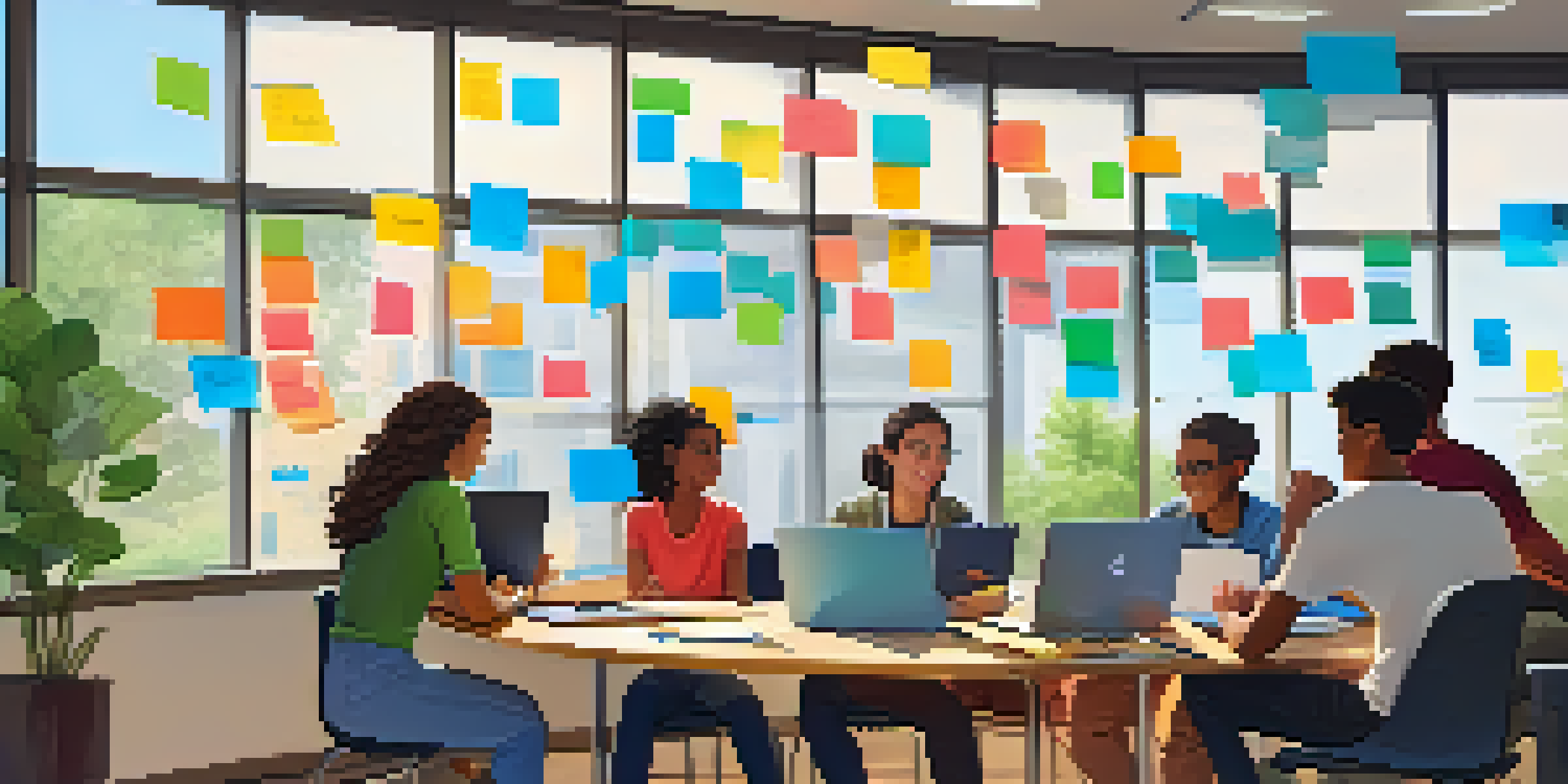 A diverse group of students collaborating in a virtual classroom, engaged in a group project with laptops and colorful sticky notes.