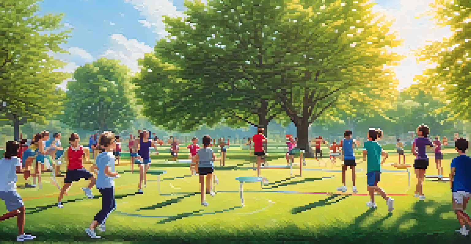 Students outdoors engaging in fitness activities such as running and jumping rope, with a sunny sky and green trees in the background.