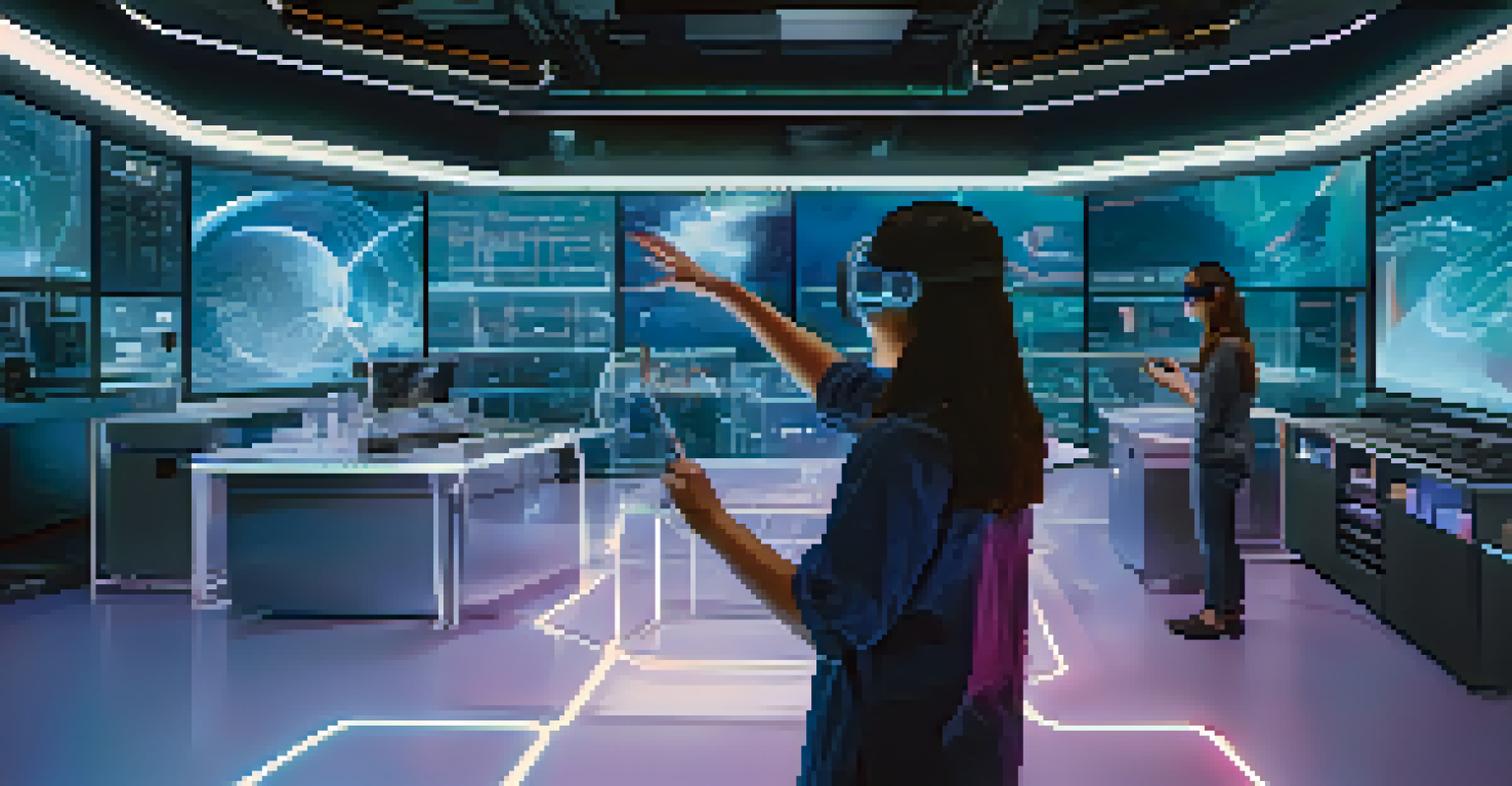 A student in a futuristic lab using virtual reality to conduct a science experiment, surrounded by high-tech equipment and holographic displays.