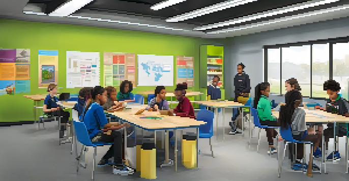 A diverse group of students working together on a STEM project in a colorful classroom, surrounded by technology and learning materials.