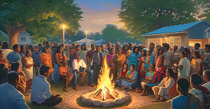 A diverse group of people sharing stories around a bonfire in a park, showcasing joy and connection among different cultures.