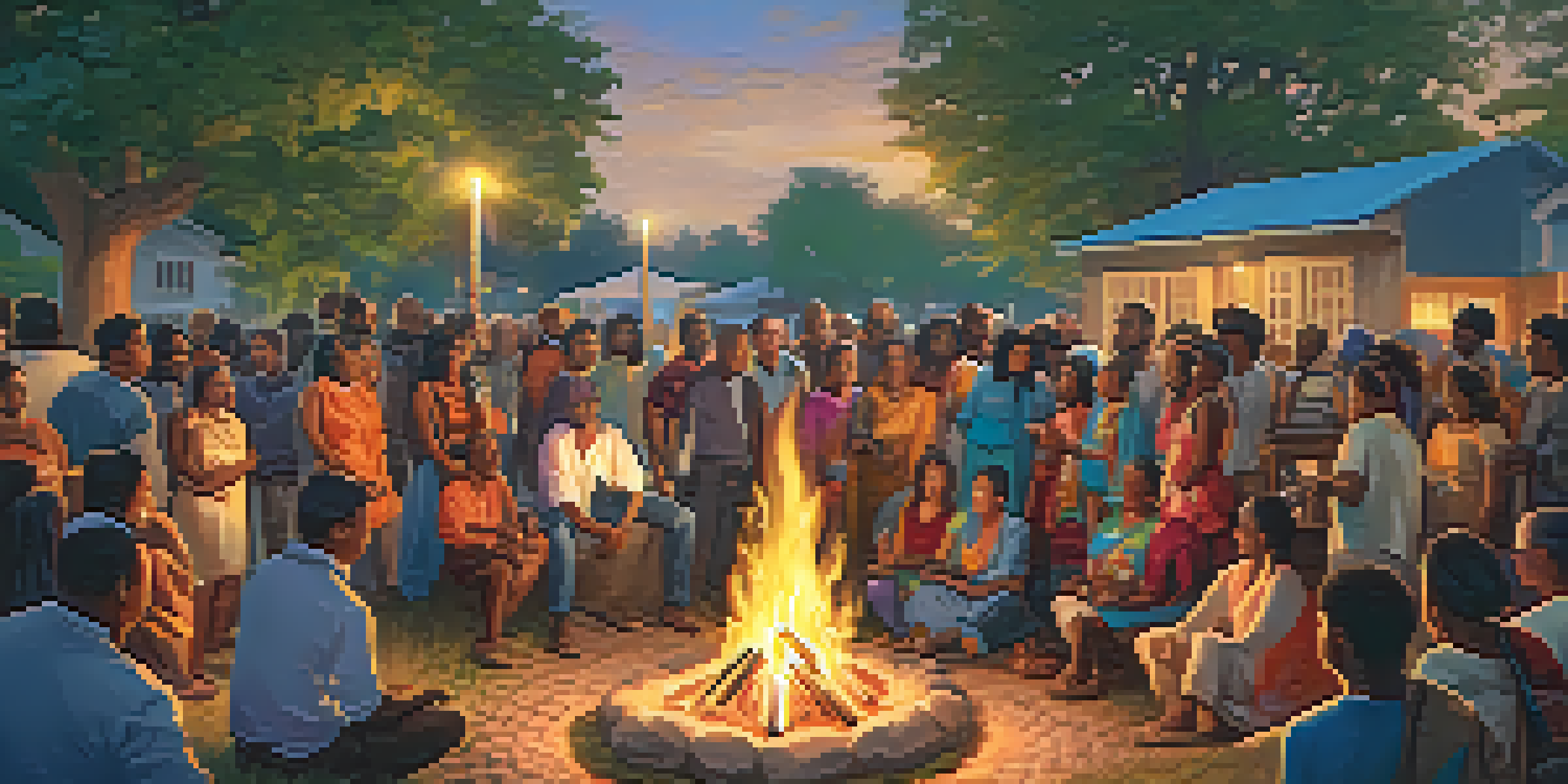 A diverse group of people sharing stories around a bonfire in a park, showcasing joy and connection among different cultures.