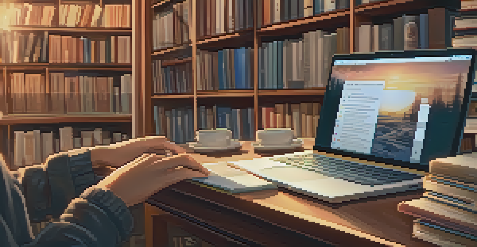 Close-up of hands typing on a laptop surrounded by books in a cozy library environment, emphasizing digital learning.