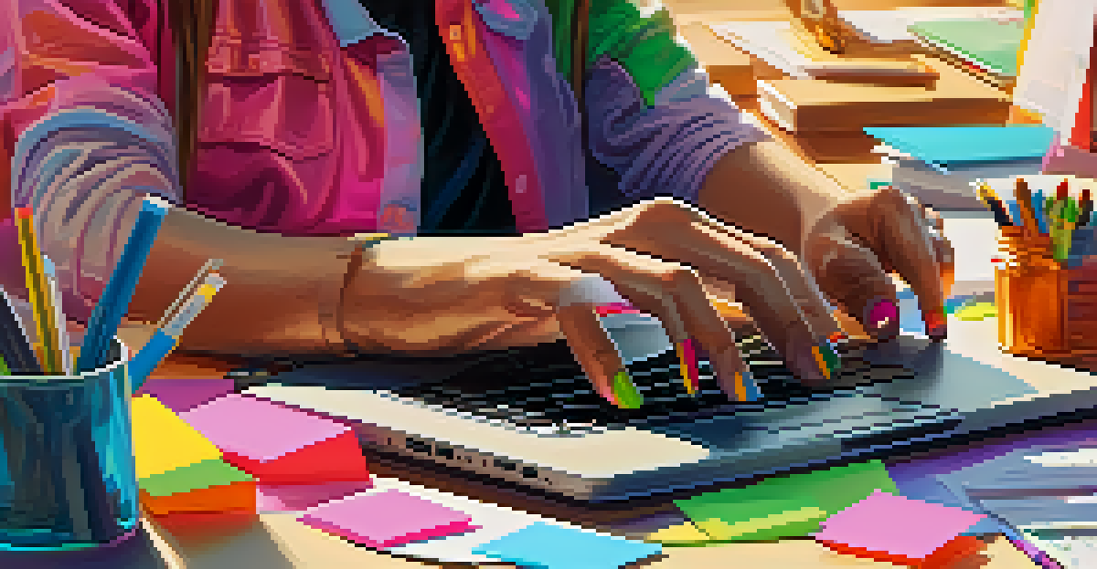 Close-up of hands typing on a laptop surrounded by notebooks and sticky notes, representing creative collaboration.