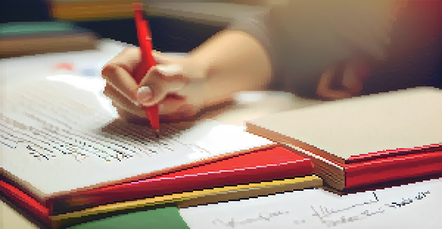 A close-up of a hand writing feedback on an assignment with a red pen, set in a softly blurred classroom background.