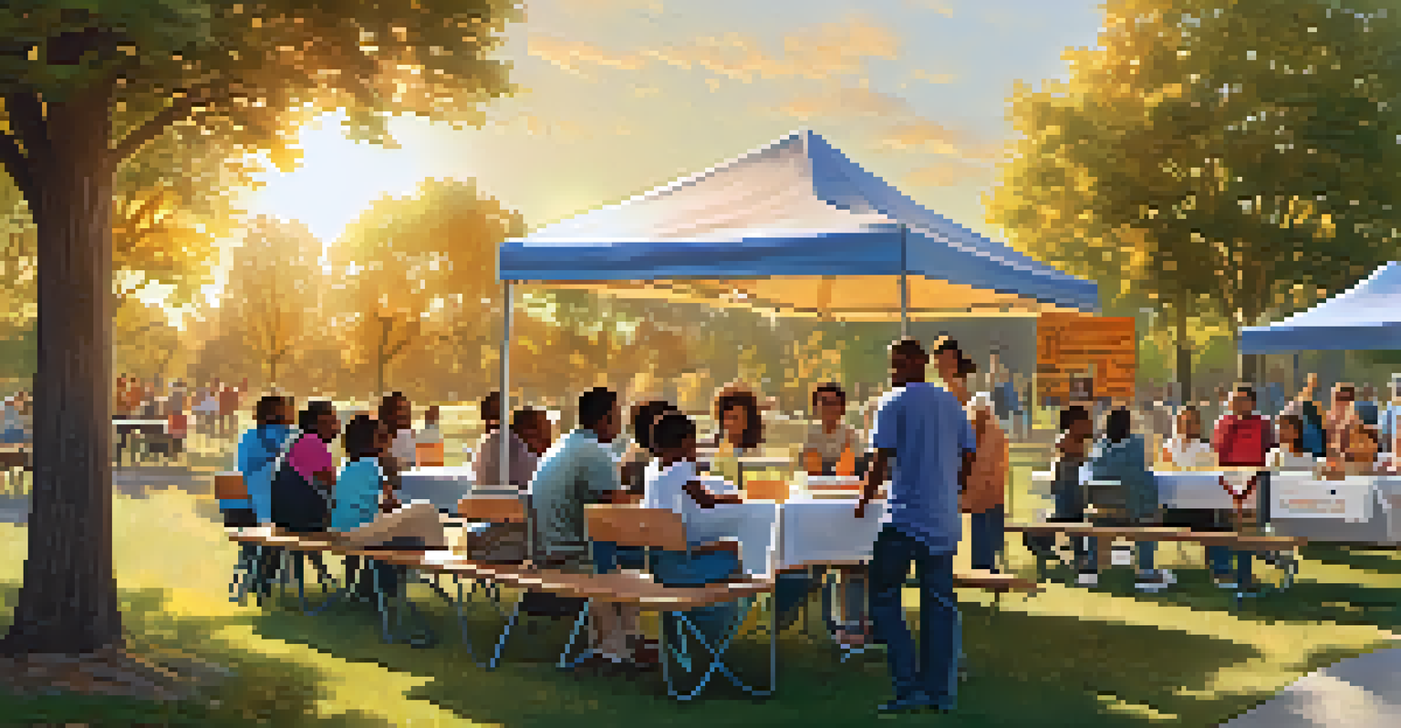 A community forum in a park with families discussing educational needs, featuring banners for equity and children playing in the background.